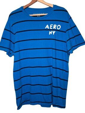 Aeropostale Shirt Men XL AERO NY New York Turquoise Blue Black Stripe Preppy